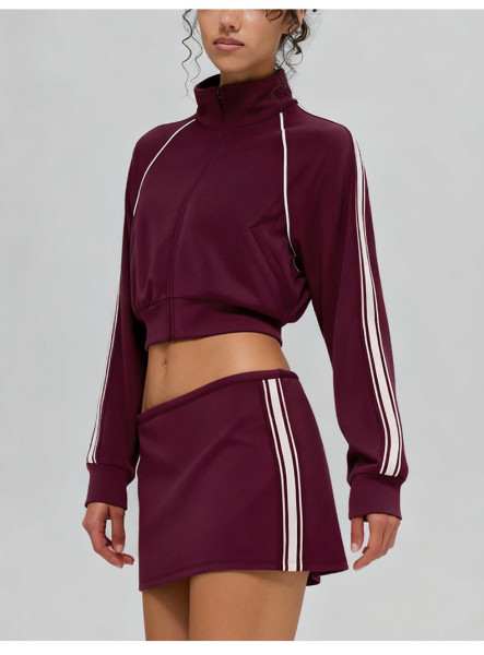 Stand-up collar zippered long sleeve jacket and short skirt set A989940453844