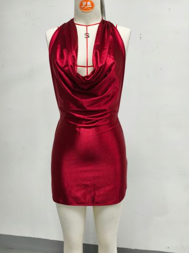 Hanging neck satin dress short skirt