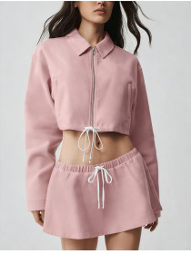 Waist rope strip breathable stand up collar zipper jacket short skirt set A1038521405247