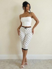 Wave point cropped pants with high waisted lace patchwork pants A1050968546595