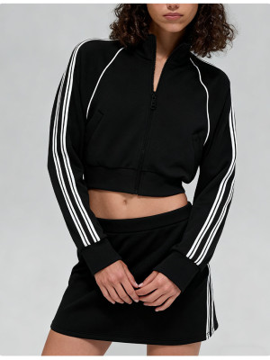 Stand-up collar zippered long sleeve jacket and short skirt set A989940453844