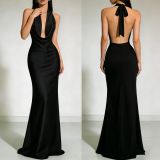Hanging neck satin dress long skirt
