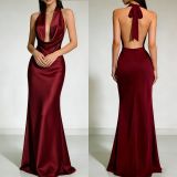 Hanging neck satin dress long skirt