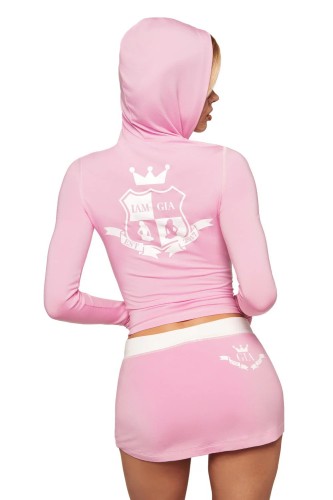 Printed zipper long sleeved top, shorts, hip bag skirt two-piece set