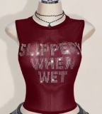Sleeveless round neck letter rhinestone exposed navel tank top