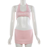 U-neck hanging neck backless printed vest contrasting short skirt set K6S01036A