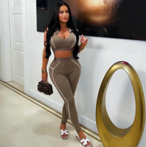 Collar tight vest line long pants set