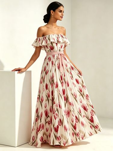 One shoulder printed plus size square neck dress