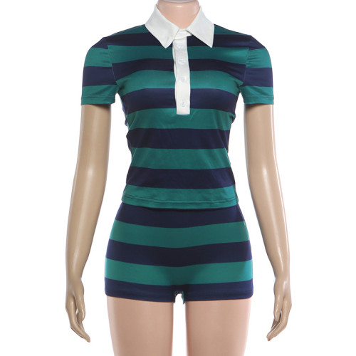 Retro striped color-blocked semi-open neck top with tight shorts two-piece set K6S03137A