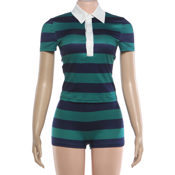 Retro striped color-blocked semi-open neck top with tight shorts two-piece set K6S03137A