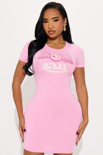 Elastic printed short sleeved knitted dress