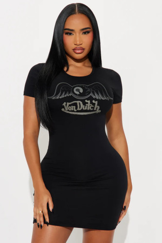 Elastic printed short sleeved knitted dress