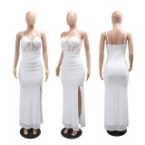 High slit rhinestone evening gown with suspender straps