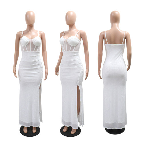 High slit rhinestone evening gown with suspender straps