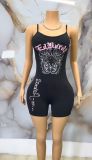 Digital positioning printed letter tiger pattern jumpsuit shorts