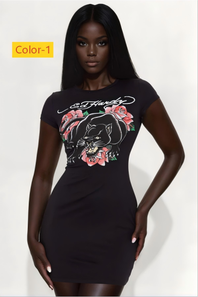 Elastic printed short sleeved knitted dress