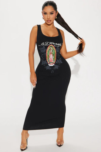 Skull print vest round neck dress