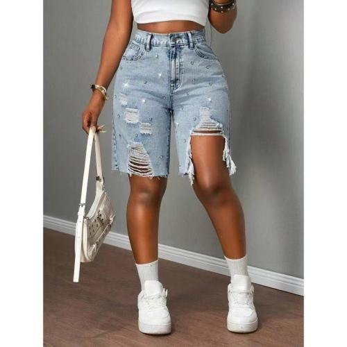 Loose cut nail bead studded solid color jeans