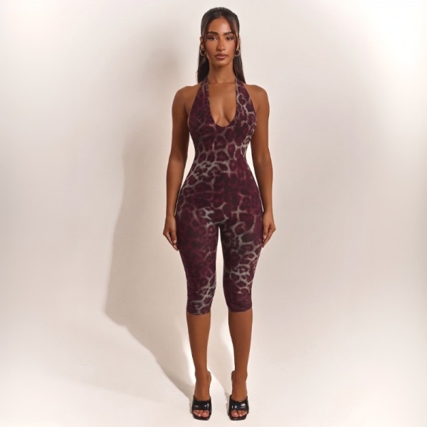 Hanging neck strap backless leopard print elastic seven part jumpsuit
