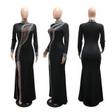 High neck long sleeved slit diamond hot stamping long skirt
