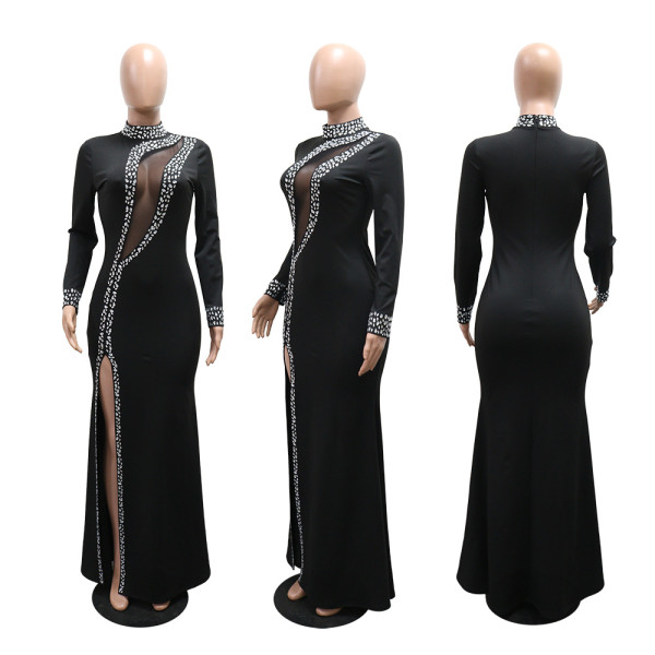 High neck long sleeved slit diamond hot stamping long skirt