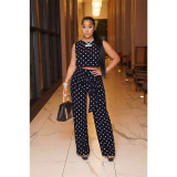 Wave print sleeveless strap straight leg pants set