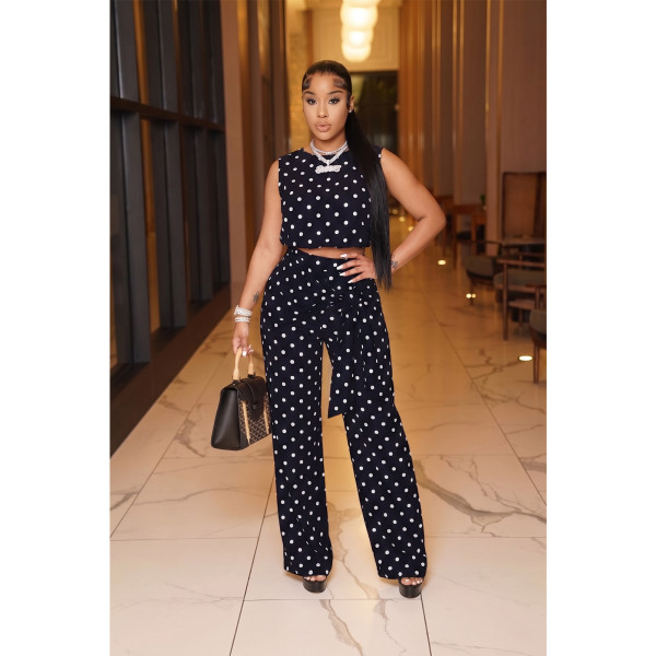 Wave print sleeveless strap straight leg pants set