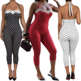 Wave point splicing lace lace hanging neck strap one-piece pants