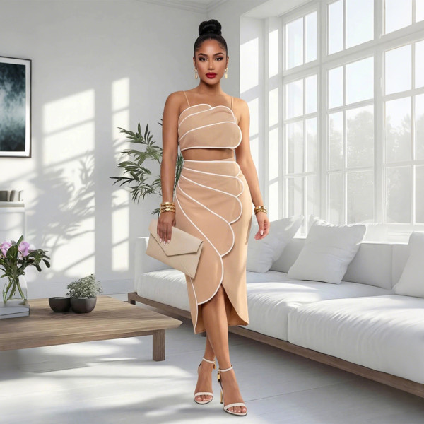 Strap top with irregular half skirt patchwork skirt set
