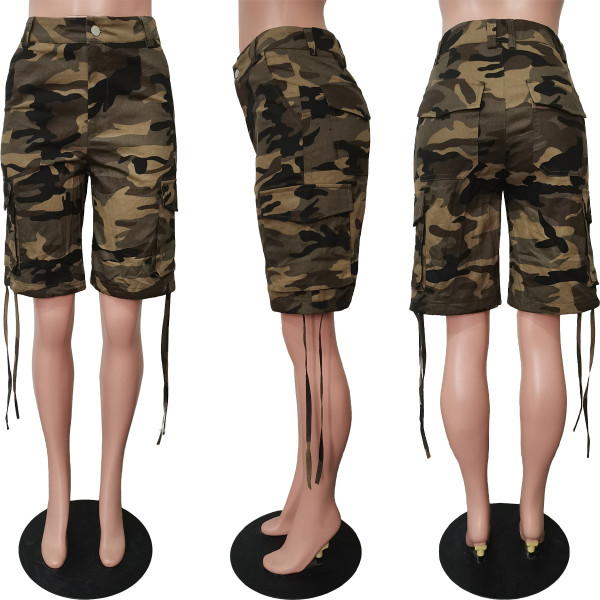 Camouflage drawstring multi pocket work pants (excluding waistband)