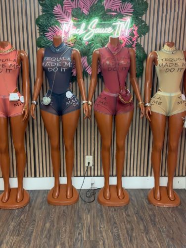 High neck printed letter sleeveless mesh sand jumpsuit shorts set