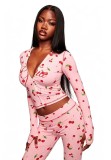 Printed cherry zipper hooded top, hip hugging pants set