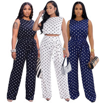 Wave print sleeveless strap straight leg pants set