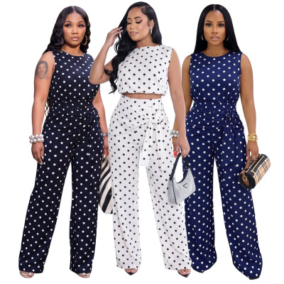 Wave print sleeveless strap straight leg pants set