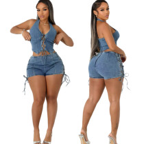 Neck strap high elasticity washed denim two-piece set