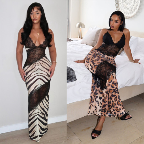 Lace perspective splicing suspender slit long skirt