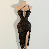 Lace deep V-side slit summer backless dress
