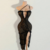 Lace deep V-side slit summer backless dress