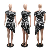 Slanted shoulder short sleeved irregular dress