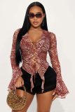 Lace up ruffle animal pattern top