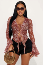 Lace up ruffle animal pattern top