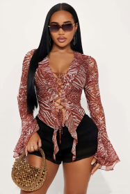 Lace up ruffle animal pattern top