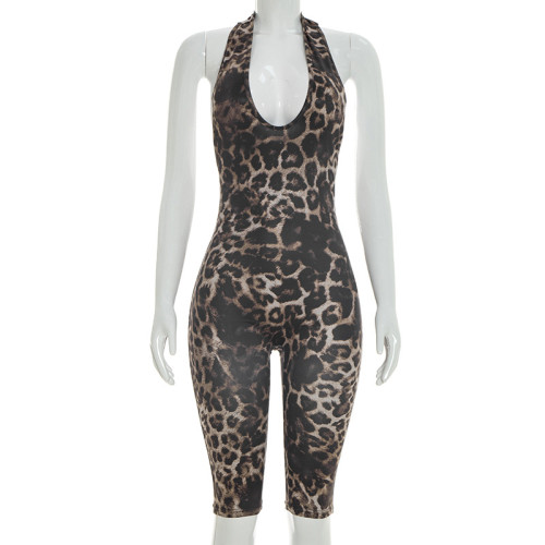 Hanging neck strap backless leopard print elastic seven part jumpsuit