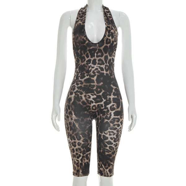 Hanging neck strap backless leopard print elastic seven part jumpsuit