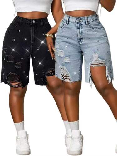 Loose cut nail bead studded solid color jeans