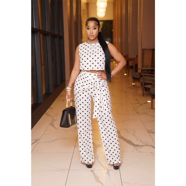 Wave print sleeveless strap straight leg pants set