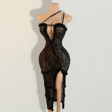 Lace deep V-side slit summer backless dress