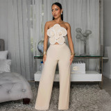 Flower strapless short top paired with solid color wide leg pants two-piece set
