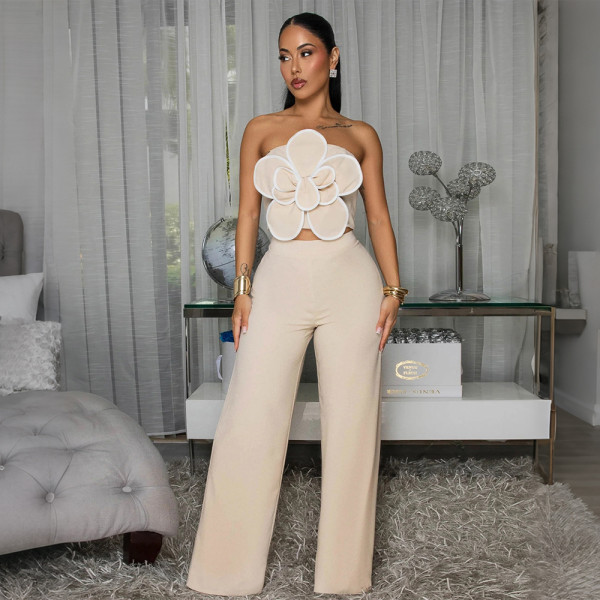 Flower strapless short top paired with solid color wide leg pants two-piece set