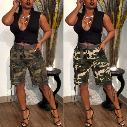Camouflage drawstring multi pocket work pants (excluding waistband)